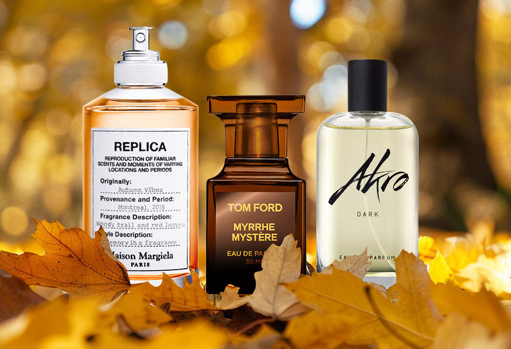 collage of three autumn colognes for men