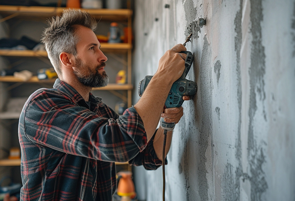 man repairing damaged wall