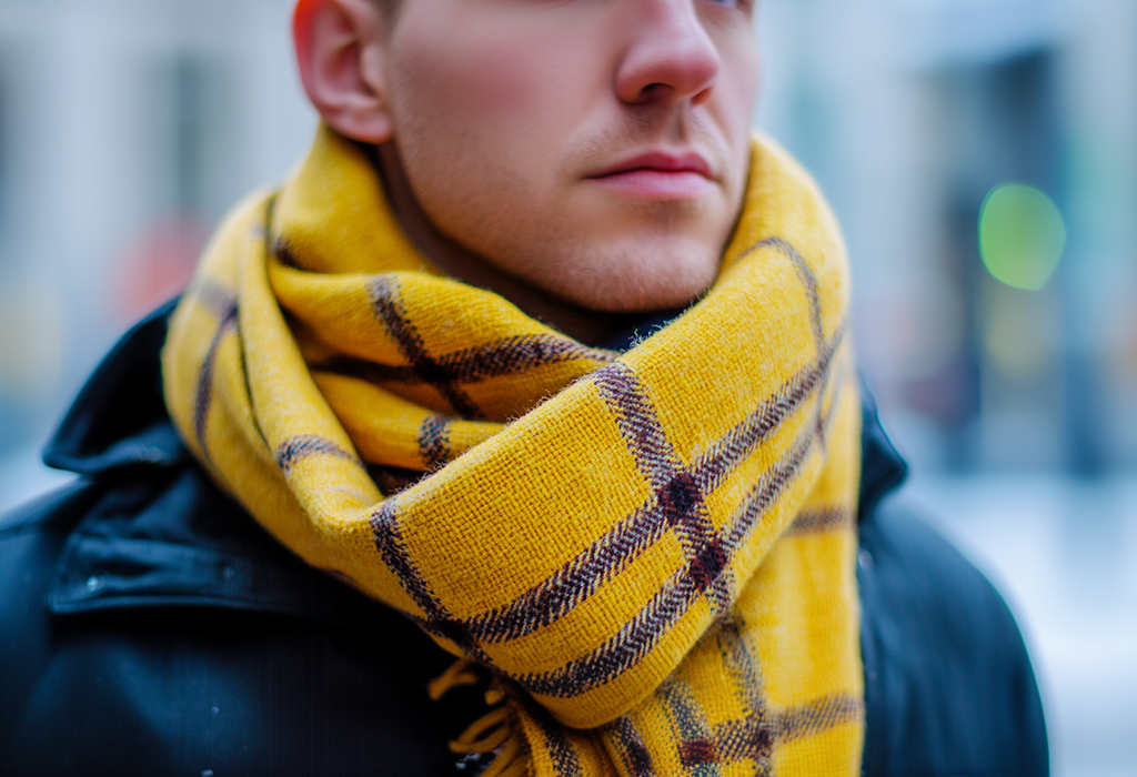 bright yellow scarf with brown plaid pattern