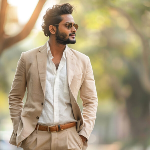 man wearing a classic tan linen suit in summer