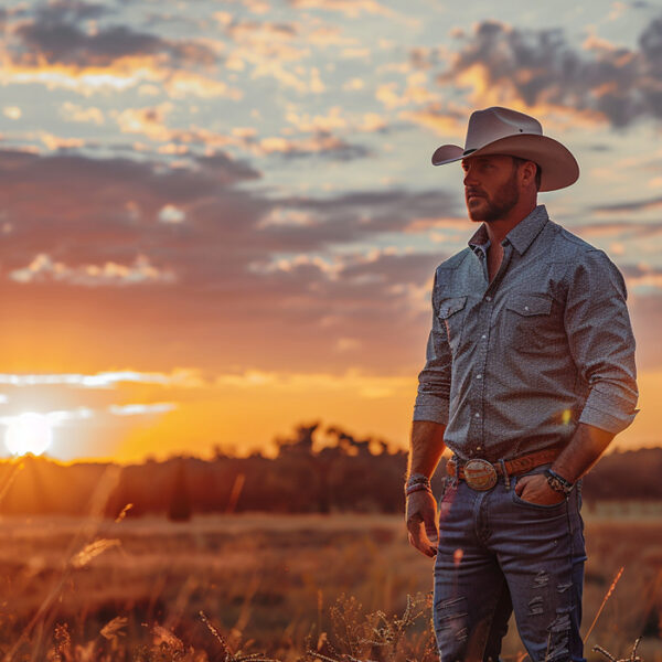 man wearing a western shirt with cowboy jeans and cowboy boots, with a western frontier sunset in the background