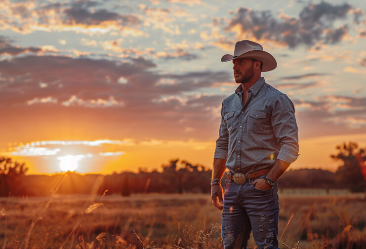 How To Rock Western Wear This Summer & All Year Round man wearing a western shirt with cowboy jeans and cowboy boots, with a western frontier sunset in the background
