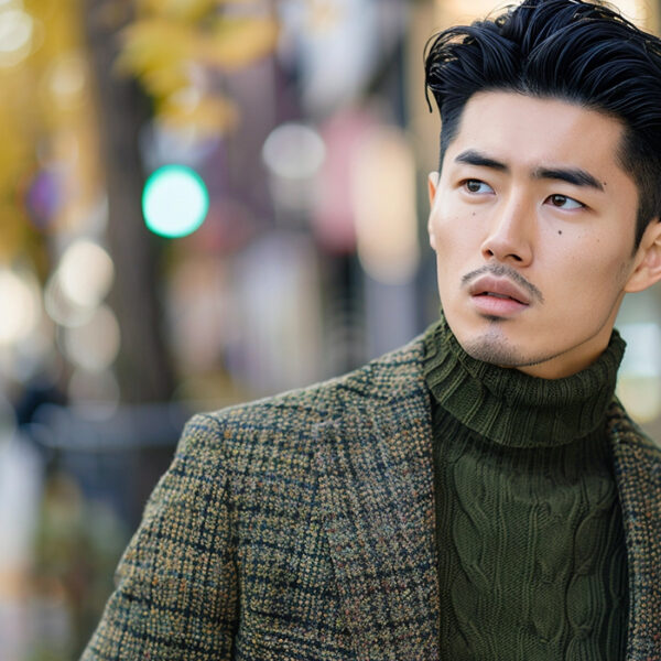 young guy wearing tweed jacket with turtleneck sweater