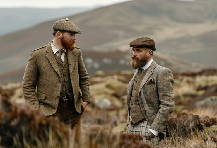 Fabric and Formality: What Makes a Suit โCasual?โ men in Scottish hills wearing thick tweed suits and tweed caps