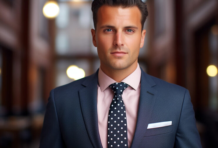 What Should You Wear With A Navy Blue Suit? (Styling And Accessories For Men) man wearing navy blue suit with polka dot necktie