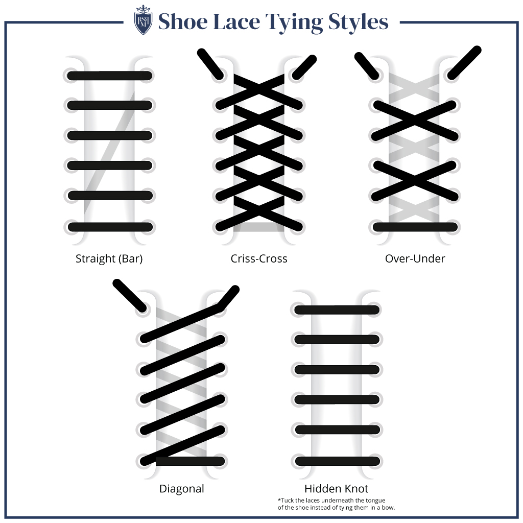 Shoe Lace Tying Styles: Criss-Cross, Over-Under, Straight, Diagonal, Hidden knot