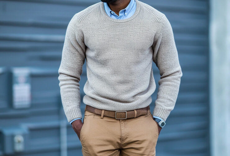 How To Style A Men's Sweater With Collared Shirt man wearing button down shirt with crew neck sweater and chinos