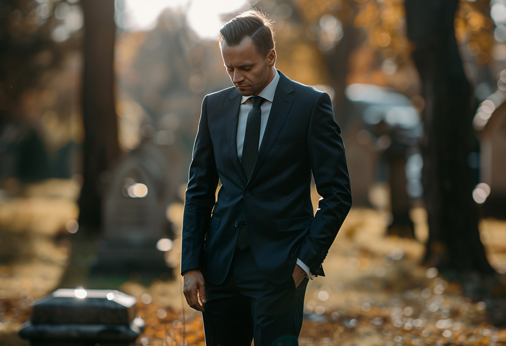 man in dark blue suit at cemetery